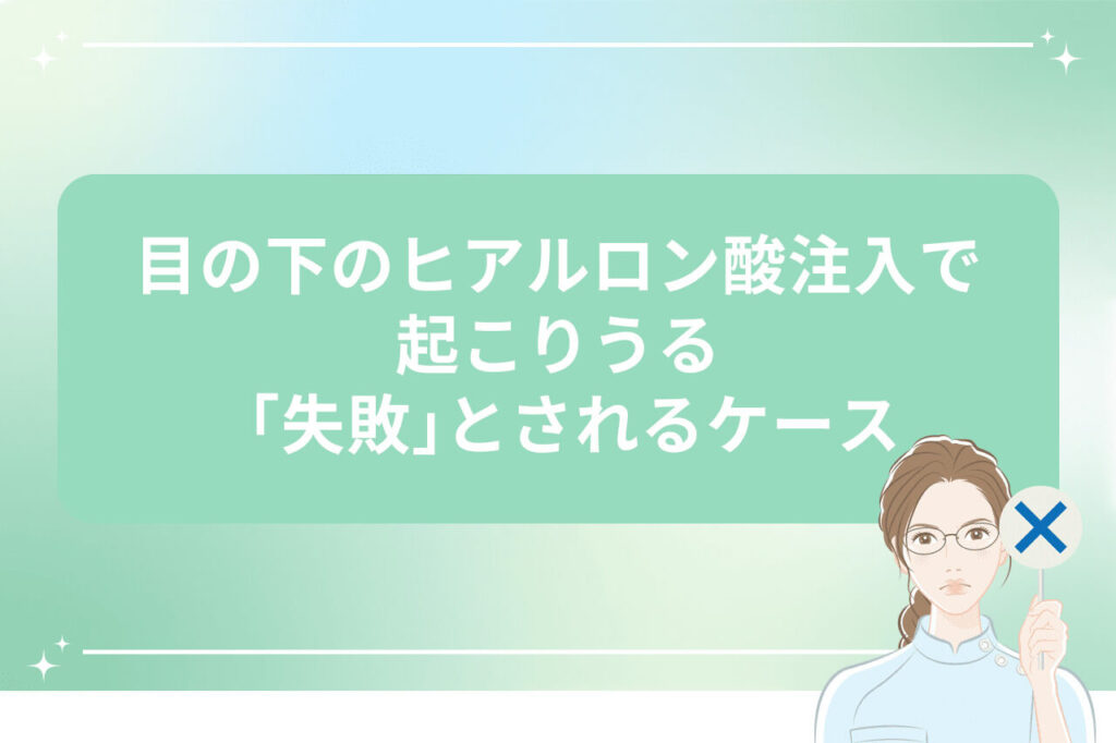 看護師がバツ印を持ちながら目の下のヒアルロン酸注入の失敗例について警告している
